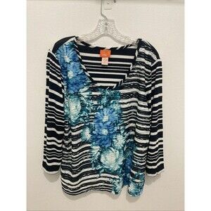 HEARTS OF PALM black white stripe blue floral scoop neck knit top XL